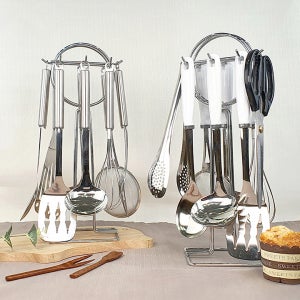 [DAMDA] 스테인리스 조리도구세트 키친툴 9종 화이트/올스텐, 회전거치대 포함