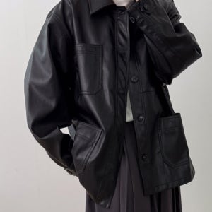 오버핏 카라 일자 하프 자켓 ( 블랙 브라운 ) 워크 포켓