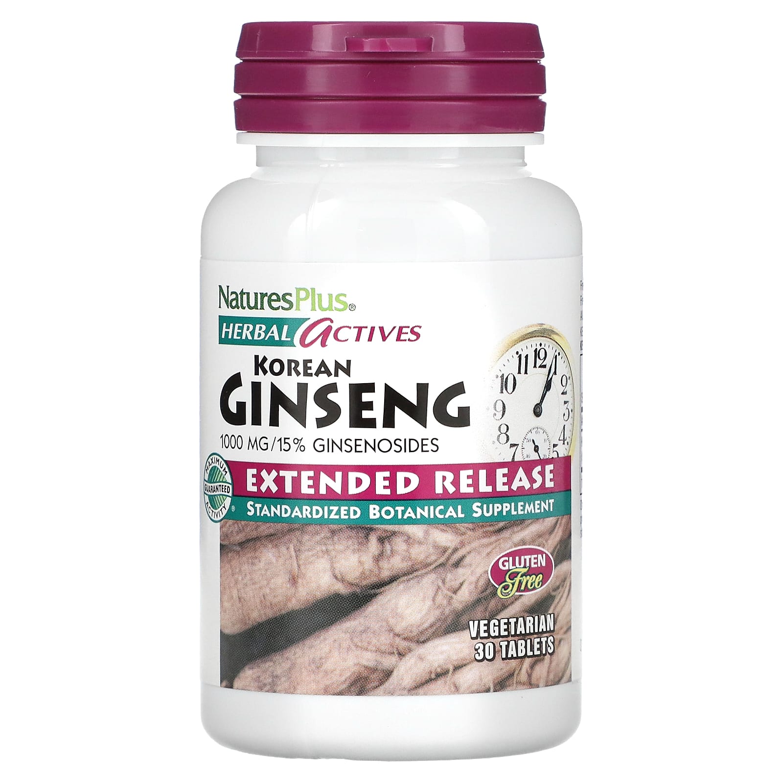 NaturesPlus 허브 활성제 한국산 인삼 서방정 1000 mg 30 식물성 정제