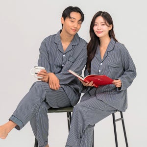 [2PACK] 커플 실키 카라 긴팔 잠옷 홈웨어 잠옷 세트