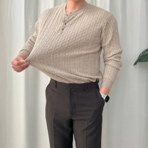 반타 남자 봄 가을 간절기 꽈배기 머슬핏 라운드 헨리넥긴팔니트