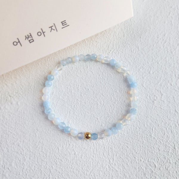 아쿠아마린 + 오팔 탄생석 비즈 천연 원석 소원 행운 얇은 팔찌 팔지