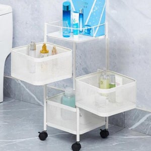 철제 3단 회전 트롤리 이동 수납선반(화이트)