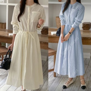 [무배] 셔츠 레이어드 랩 주름 바스락 핀턱 롱 원피스 (소라 스카이블루 크림 레몬)