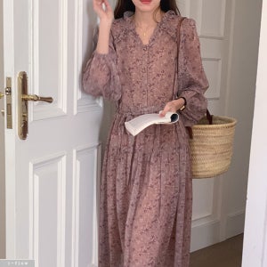 프시 프릴브이넥 플라워 허리끈 쉬폰 롱원피스 2col 가을 봄 맥시 버튼 밴딩 제이플로우