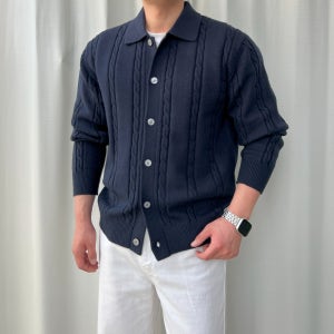 반타 남자 꽈배기 오버핏 케이블 카라 니트가디건