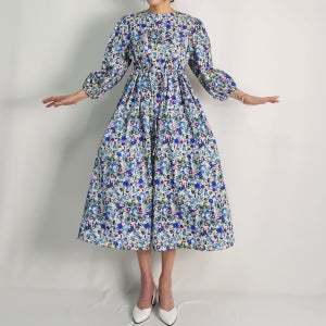 봄 50대 미시 중년여성 데일리 하객룩 출근 허리 끈 보라색 플라워 면 코튼 롱 원피스