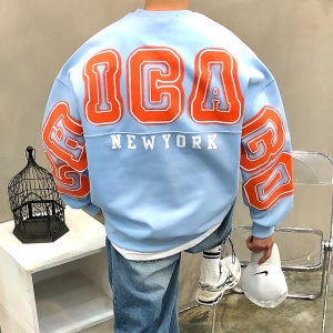 루즈핏 소매 뒷판 시카고 망점 레터링 프린트 남자 봄 맨투맨 티셔츠