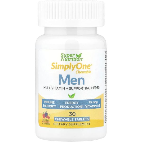 남성용 심플리원 츄어블 멀티비타민 <b>슈퍼뉴트리션</b>의 데일리 <b>올인원</b> 비타민 30일 공급 베스트 밸류 팩