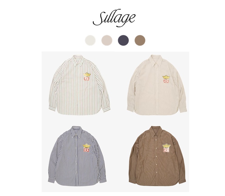 sillage 실라주 와이드 셔츠 데드스톡 스트라이프 로고 패치 남방 남성용 4color