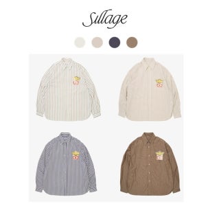 sillage 실라주 와이드 셔츠 데드스톡 스트라이프 로고 패치 남방 남성용 4color