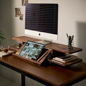 피기책상 월넛 원목 모니터받침대 듀얼 2단 선반 스탠드 높이조절 선택 윙950