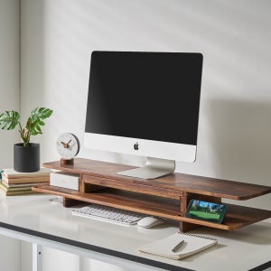 피기책상 월넛 모니터받침대 듀얼 높은 원목 2단 선반 높이선택 데스크테리어 윙950