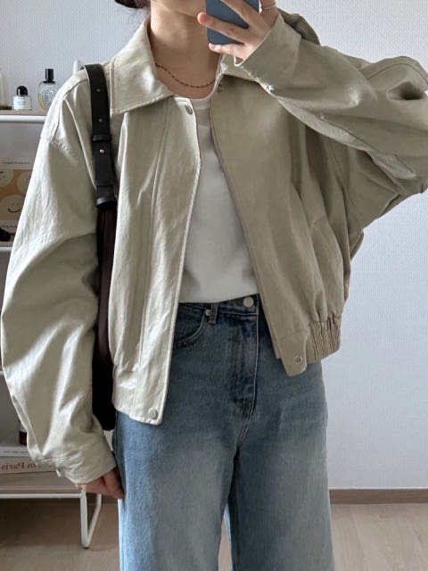 런던 루즈핏 봄 레더 블루종 가죽 점퍼 (베이지 블랙)
