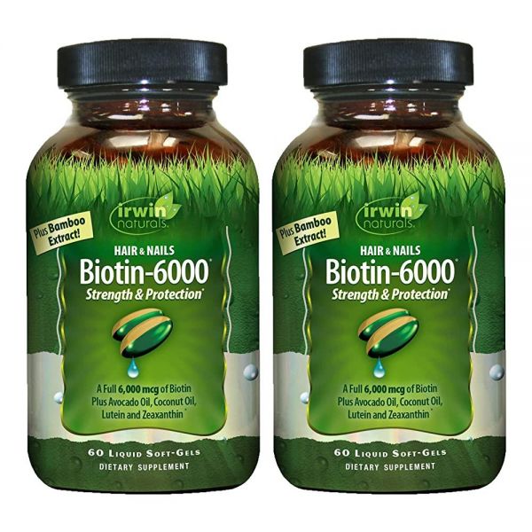 <b>어윈네츄럴</b> <b>Irwin</b> Naturals Biotin-6000-60 리퀴드 소프트 젤, 2개 팩 - 모발 및 손톱의 강도 보호 지원 아보카도 오일, 코코넛 <b>루테인</b> 제아잔틴 포함 총 6