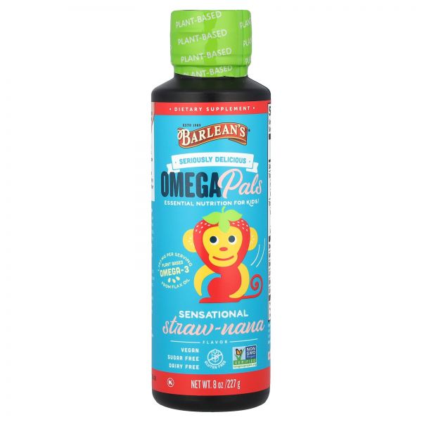 Barlean’s, Omega <b>Pals</b>, 어린이용 에센셜 뉴트리션, <b>센세이셔널</b> 스트로-<b>나나</b>, 227g(8oz) Barlean’s (발린스)