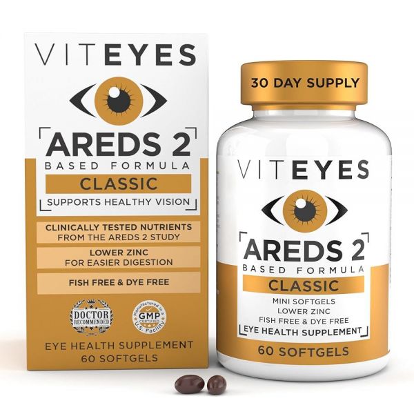 <b>Viteyes</b> AREDS 2 클래식 황반 건강 포뮬러 소프트젤, 시력 보호를 위한 눈 비타민, 낮은 <b>아연</b>, 베타 카로틴 프리, 소프트젤 60개