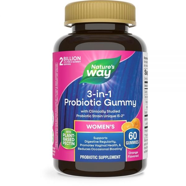 Nature’s Way 3-in-1 여성용 프로바이오틱 젤리, 간헐적 <b>팽만감</b> 감소, 소화 및 질 건강 지원, 임상적으로 연구된 균주, 글루텐 프리, 오렌지 맛, 젤리 60개