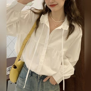 베러 셔링 프릴넥 코튼 블라우스 매듭 끈 리본 루즈핏 봄 가을 그린뮤트