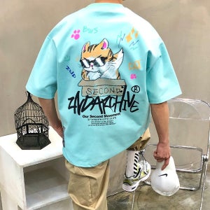 박스 크레용 캣츠댑 형광 낙서 레터링 프린트 남자 여름 오버핏 반팔 티셔츠