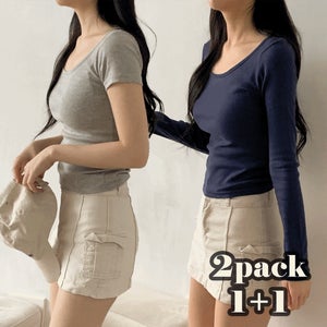 2pack 딥넥라인 유넥 U넥 순면 코튼 긴팔티셔츠 반팔티셔츠 무지티 여리핏 슬림 날씬