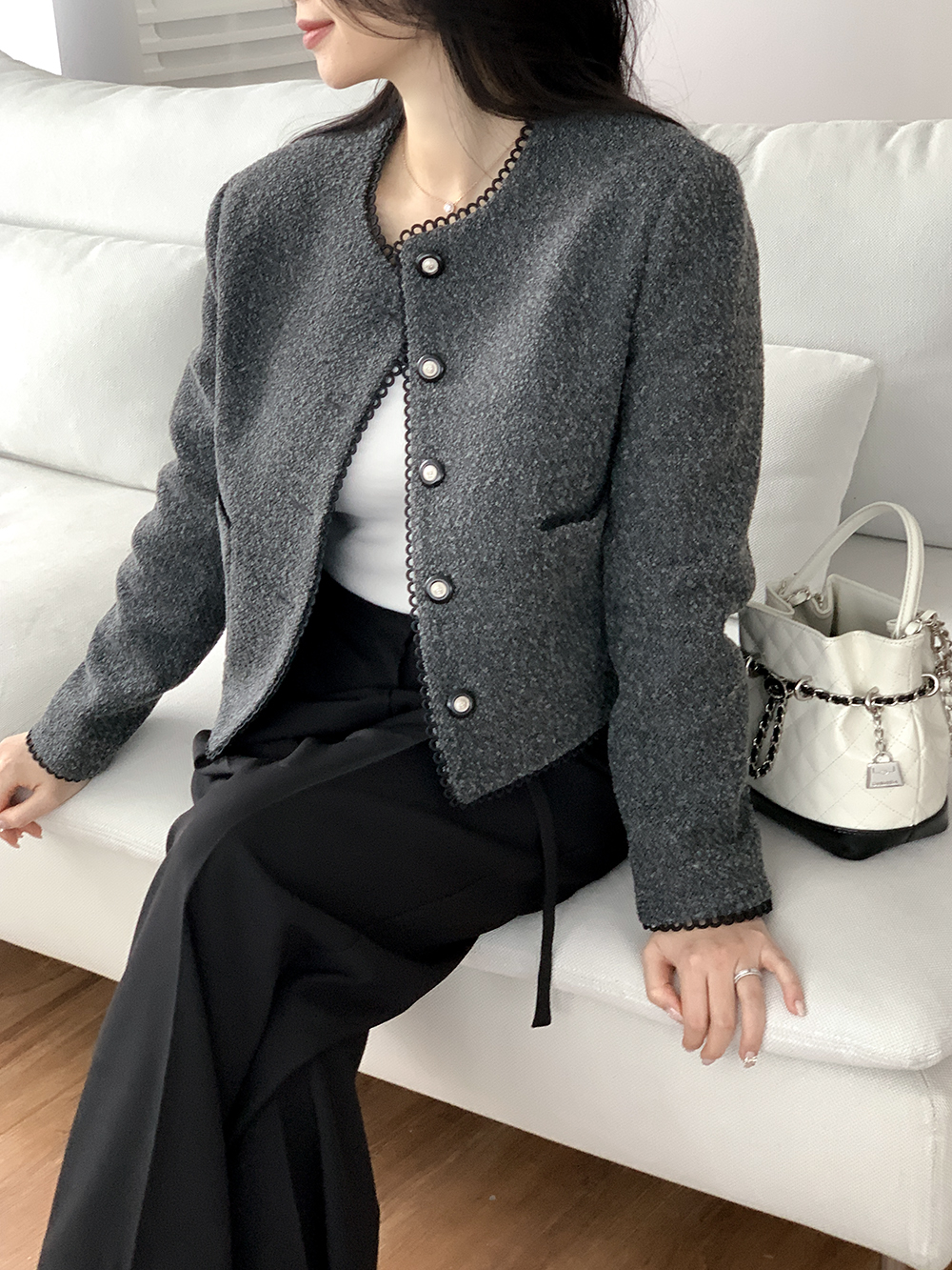 봄하객룩 물결 레이스 트위드자켓 여자 크롭자켓 2color 차콜