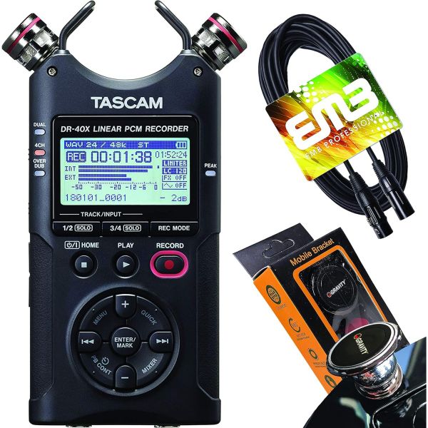 TASCAM DR-40X 4채널 핸드헬드 레코더 및 EMB 케이블 중력 자석 휴대폰 홀더 번들이 포함된 2-in2-아웃 USB 오디오 인터페이스