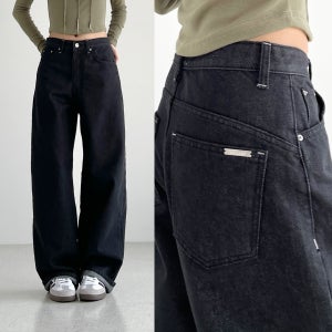흑청바지 이염없는 논페이드 생지데님 여성 벌룬핏 와이드 청바지 봄 가을 실버바택생지데님