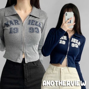 이엘 크롭 투웨이 집업 골지 긴팔 티셔츠 간절기 레터링 프린팅 카라 y2k 스트릿 어나더뷰