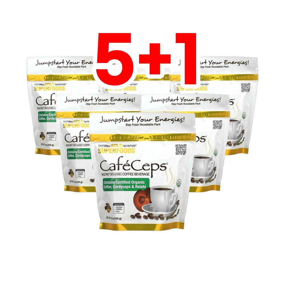 [5+1] 캘리포니아골드 <b>CafeCeps</b> 인스턴트 커피 동충하초 영지버섯 버섯 파우더 100g