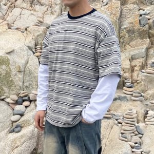 남자 스트라이프 긴팔티셔츠 단가라 레이어드