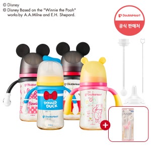 더블하트 디즈니 에디션 240ml 빨대컵 세트 (젖병+핸들+빨대꼭지+추빨대세트)+교정젓가락