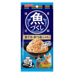 [유통기한26년3월31일] 이나바 고양이 간식 생선가득 파우치 참치+가다랑어+치어, 60g, 72개