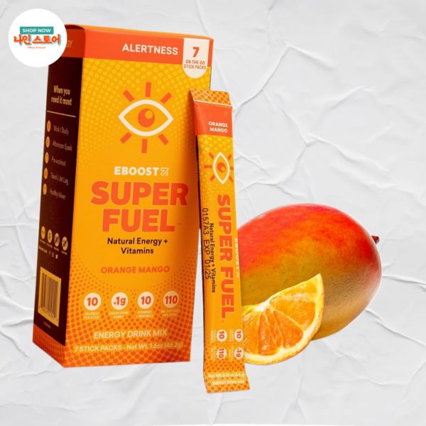 EBOOST 에너지 드링크 파우더 <b>슈퍼</b> 연료 오렌지 망고 7개 패킷 <b>운동 전</b> 믹스 자연 L티로신 L테아닌 비타민 남녀 모두 제품 미국내수용