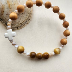 황금빛 호안석 천연나무 묵주팔찌 세례선물