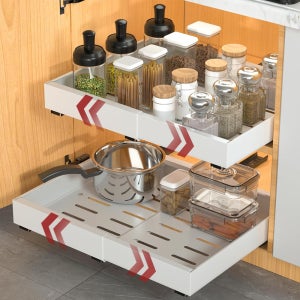 깊은중형 무타공 길이조절 슬라이딩선반 싱크대 하부장 폭조절 레일 주방 수납함