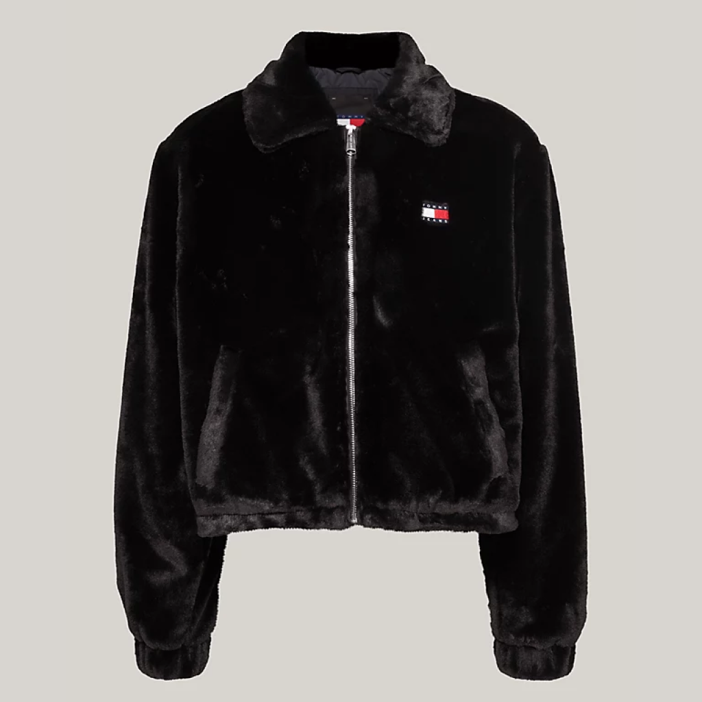 타미<b>진스</b> TOMMY HILFIGER 모피 집<b>트루</b> 크롭 재킷 블랙