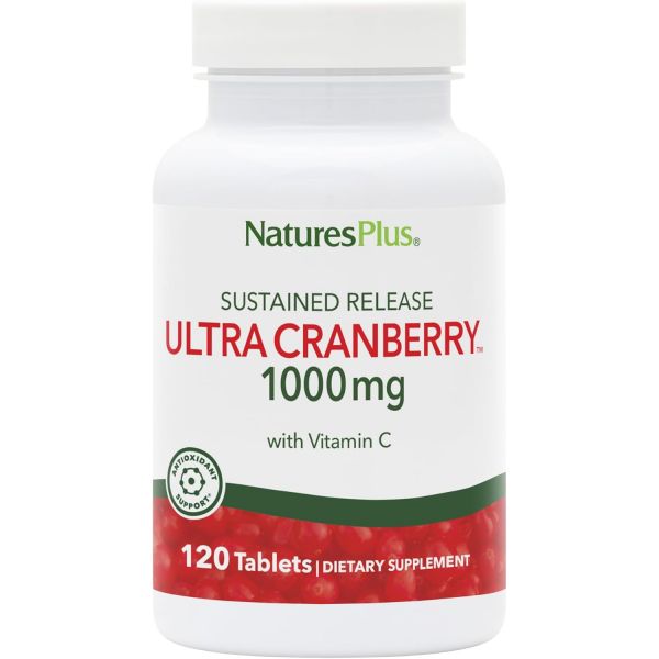 Natures Plus <b>요로</b>건강 방광 크랜베리 추출물 내추럴스플러스 울트라 - 채식 정제 120정 1000mg 지속 방출 비타민 C가 함유된 내추럴 <b>요로</b> 건강 증진 비유전자변형식품