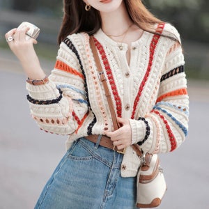 레인보우 스트라이프 가오리핏 그물 니트 가디건
