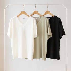 빅사이즈 여자 겹브이 몰디브 무지 브이넥 반팔 베이직 티셔츠