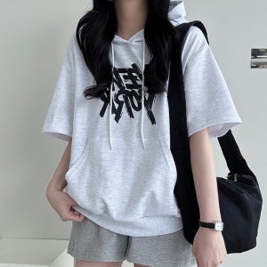 뉴욕페인팅 포인트 5부 팔라인 오버핏 후드 반팔티셔츠