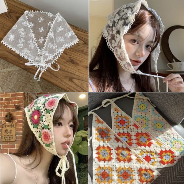 레이스헤어스카프 뜨개헤어스카프 머리 리본반다나 커치프 헤어밴드 니트 머리띠 터번 꽃 헤드