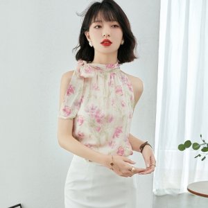 DMWXXF029 여성 상의 캐주얼 빅사이즈 플라워 타이 민소매 쉬폰 블라우스
