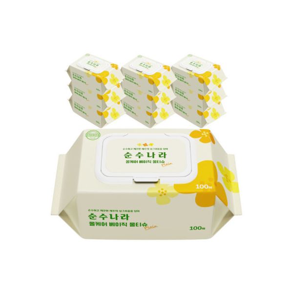 순수나라 <b>올케어</b> 베이직 물티슈 100매 10팩 제주도 식물원료 캡형