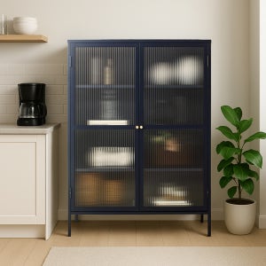 미라지가구 Bronco 브롱코 1400 블루 유리 그릇장 거실 수납장 진열장 홈카페장