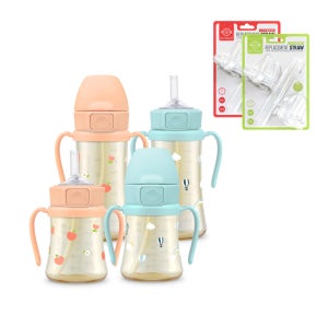 (세트) 그로미미 PPSU 어린이집빨대컵 원터치 아기물병 빨대리필 200ml 300ml (피치플라워/스카이벌룬 택 1)