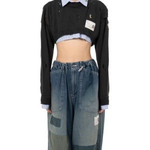 메종 미하라야스히로 우먼 25SS 셔츠 레이어드 크롭 니트 스웨터 2컬러 Maison MIHARA YASUHIRO Shirt Layered Crop Knit Sweater