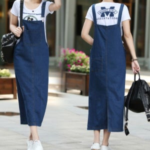 여유핏 진청 데님 롱 멜빵 치마 경량 끈조절 여대생 캐주얼룩