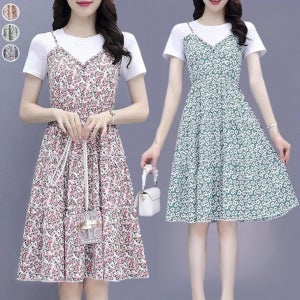 모던 페이크 레이어링 원피스 여름 여성 쉬폰 플라워 원피스 프렌치 프린트 원피스