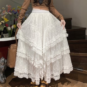 양쪽셔링 프릴 언발 샤스커트 망사 레이스 캉캉스커트 플라워 나들이치마 여자여자몰